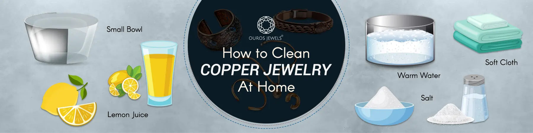 How to Clean Copper Jewelry at Home - Image showing a small bowl, lemon juice, salt, warm water, and a soft cloth. Ideal for a DIY guide to keep your copper jewelry shiny and clean