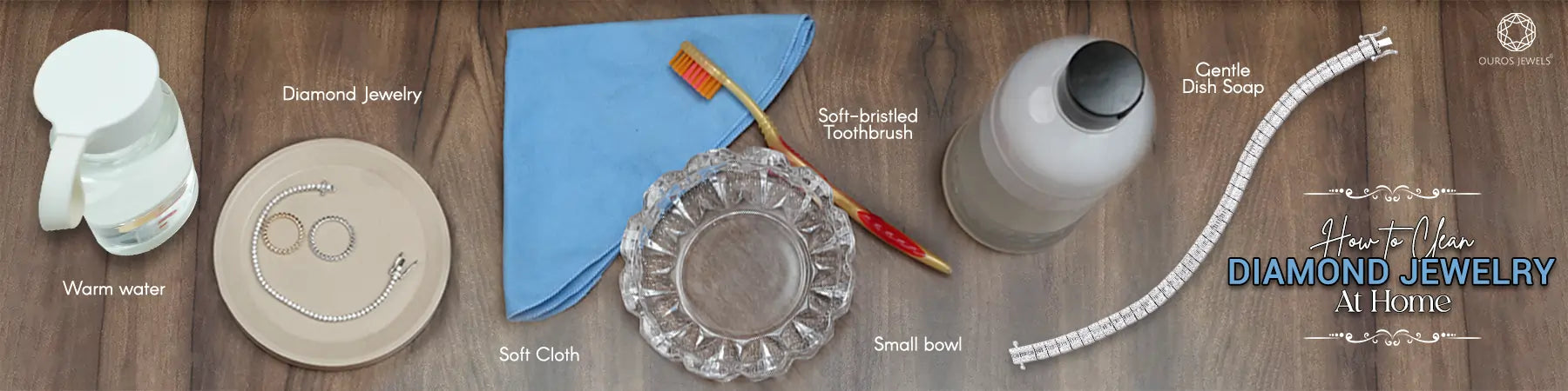 Image showing items needed like warm water, jewelry on a plate, a soft cloth with a toothbrush, a small bowl, gentle dish soap to clean diamond jewelry at home