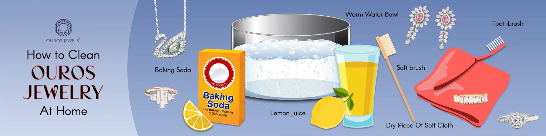 Image showing how to clean Ouros Jewelry at home using baking soda, warm water, lemon juice, a toothbrush, a soft brush, and a soft cloth.