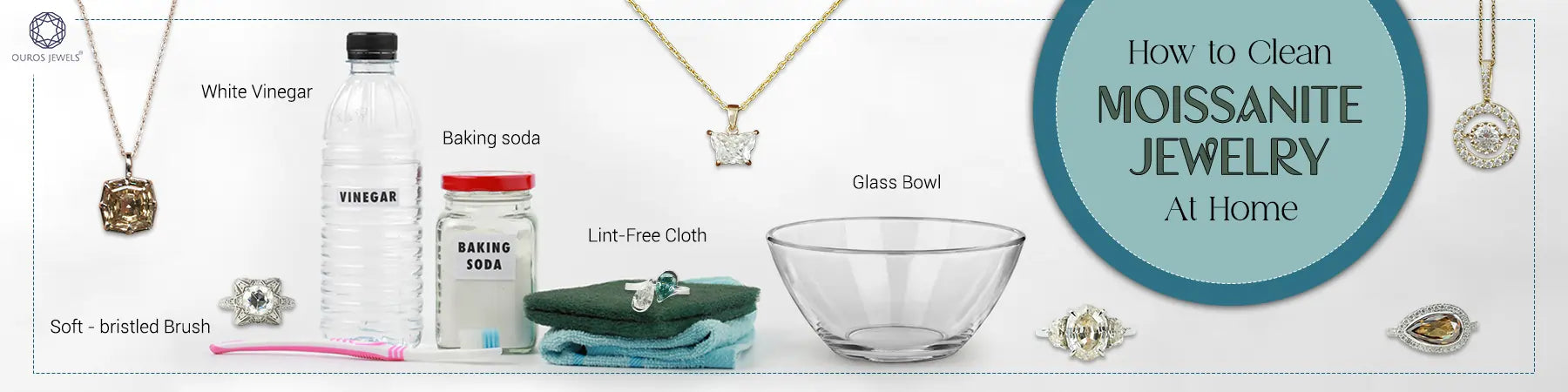 How to Clean Moissanite Jewelry at Home - White vinegar, baking soda, soft-bristled brush, lint-free cloth, and glass bowl displayed with a moissanite ring.