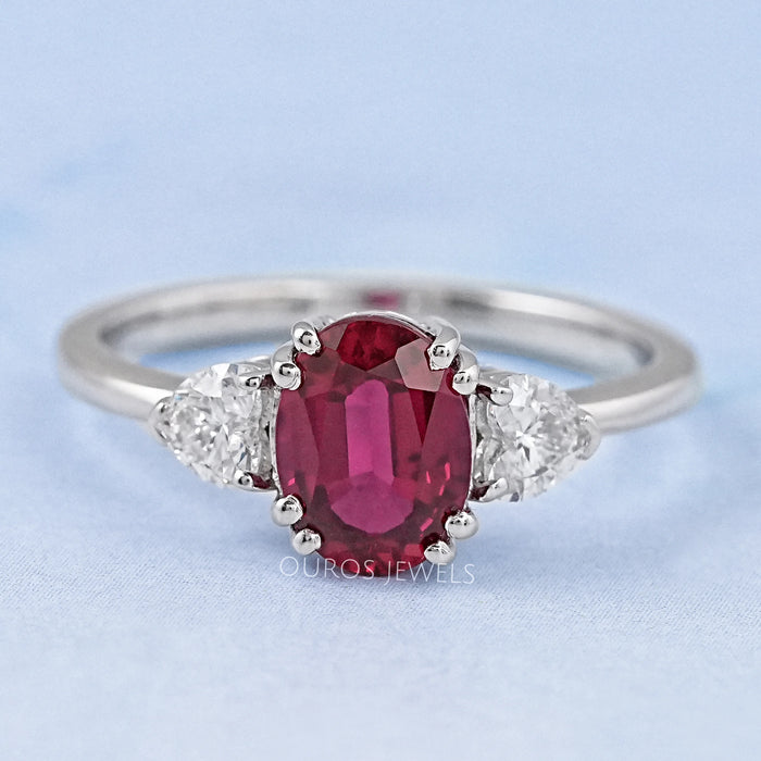Oval Cut Red Ruby Three Stone Ring