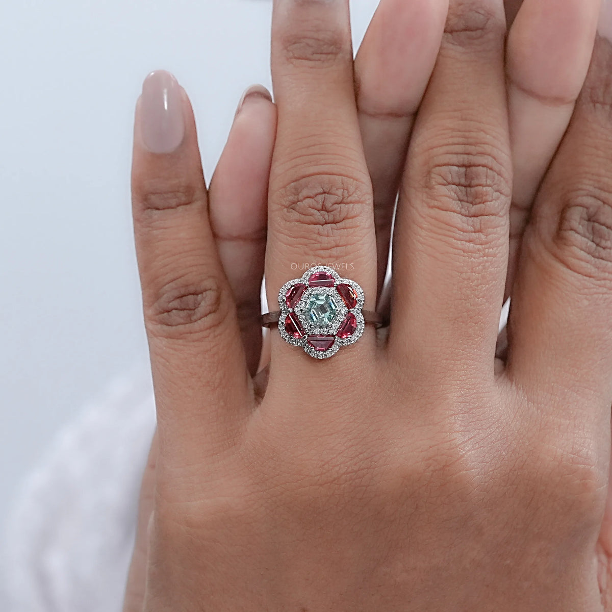 Alexandrite Hexagon Gemstone Double Halo Engagement Ring Rings