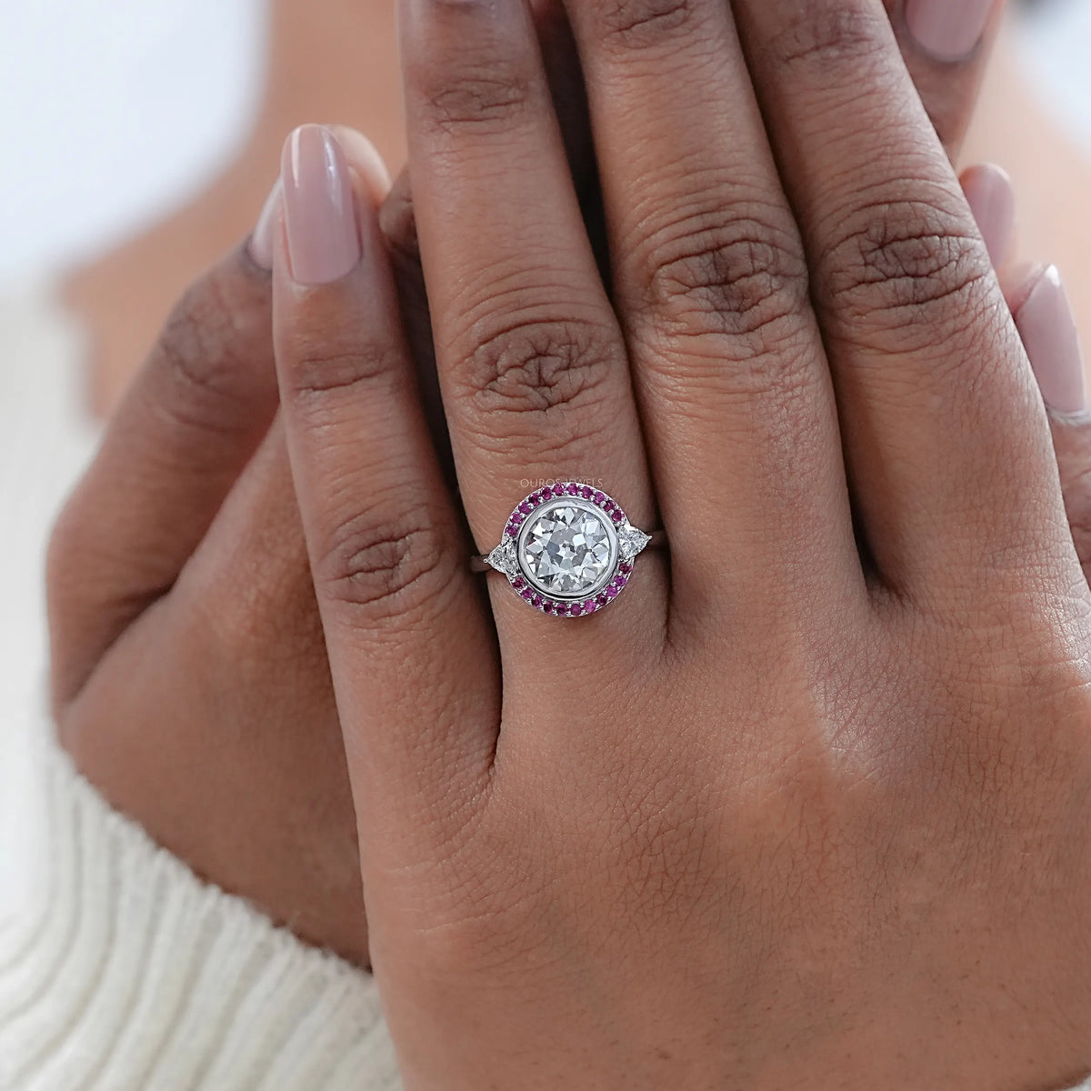 Bezel OEC Round Cut And Pink Sapphire Halo Engagement Ring