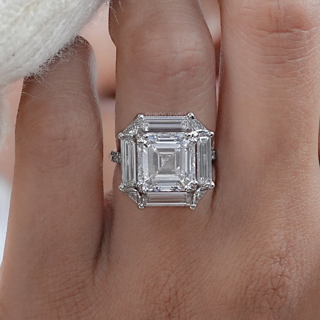 top view of asscher cut baguette halo accent diamond engagement ring