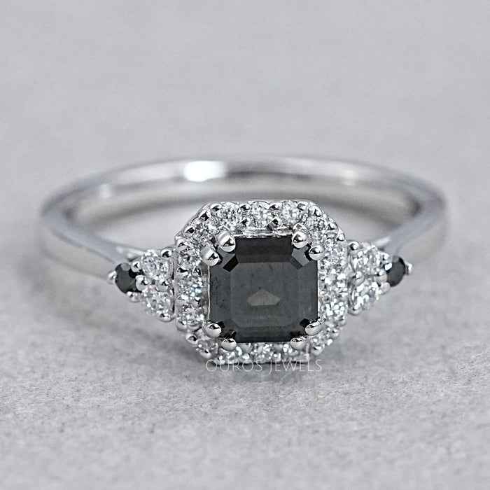 Black Asscher Cut Halo Diamond Engagement Ring