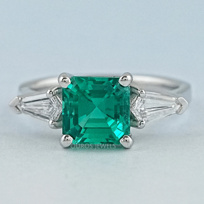 Three Stone Asscher Cut Emerald Engagement Ring
