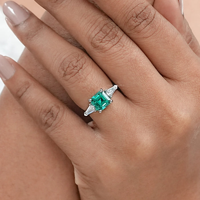 Three Stone Asscher Cut Emerald Engagement Ring