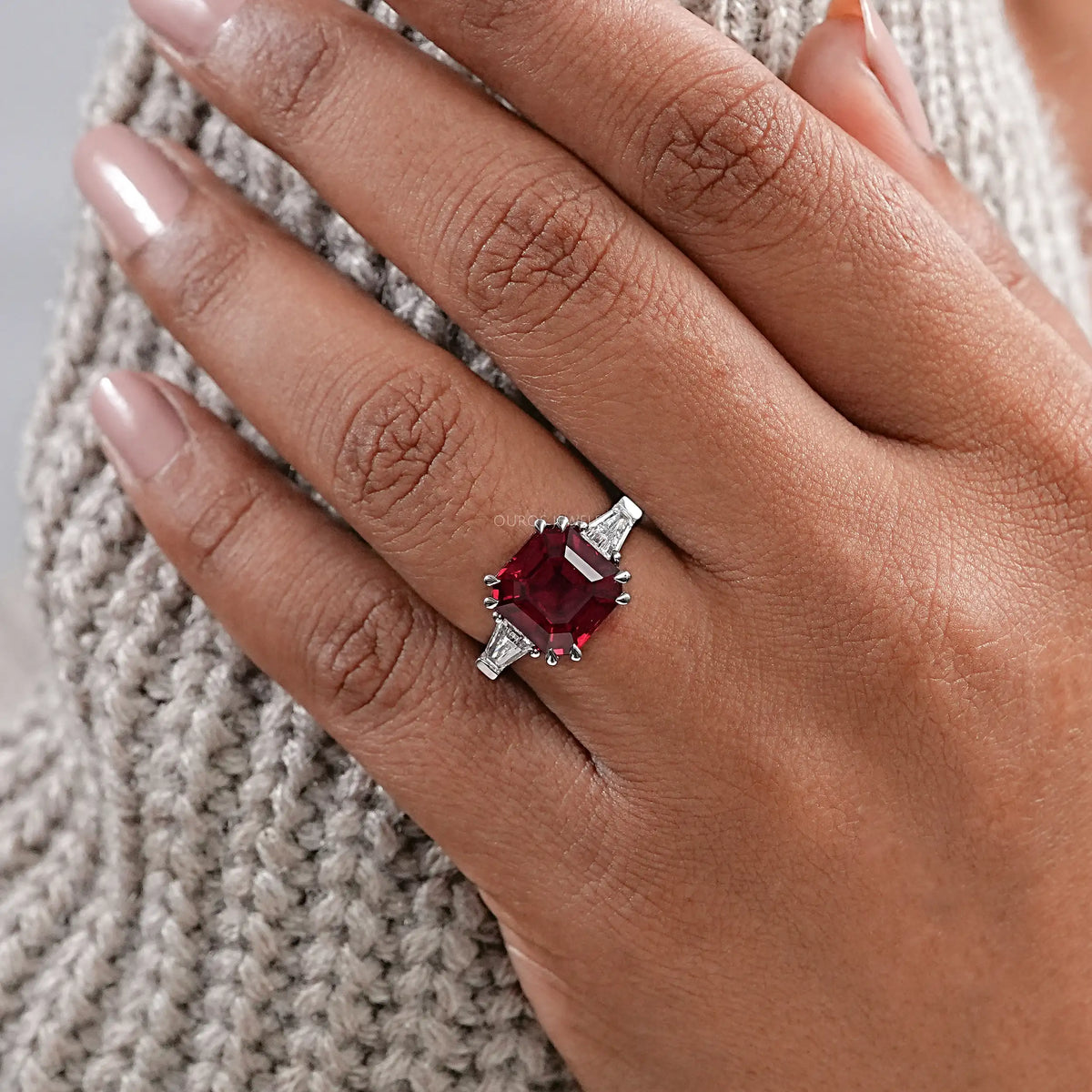 Three Stone Ruby Asscher Gemstone Engagement Ring
