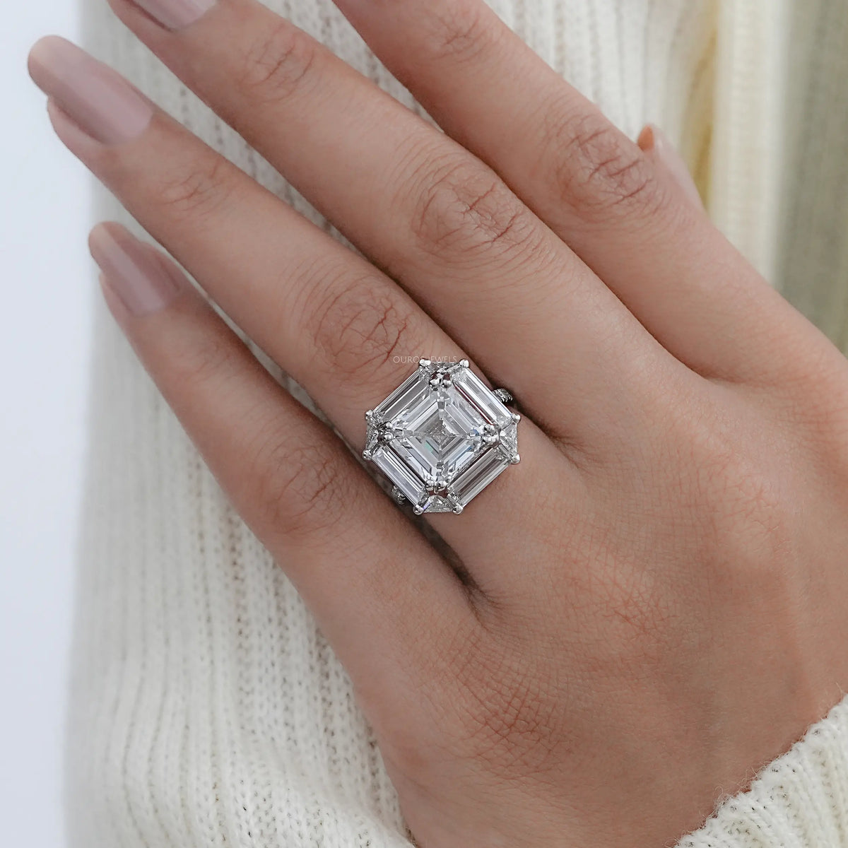 Asscher Cut Baguette Halo Accent Diamond Engagement Ring
