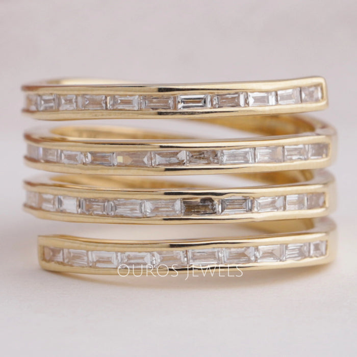 4 Row Baguette Cut Diamond Open Wrap Ring