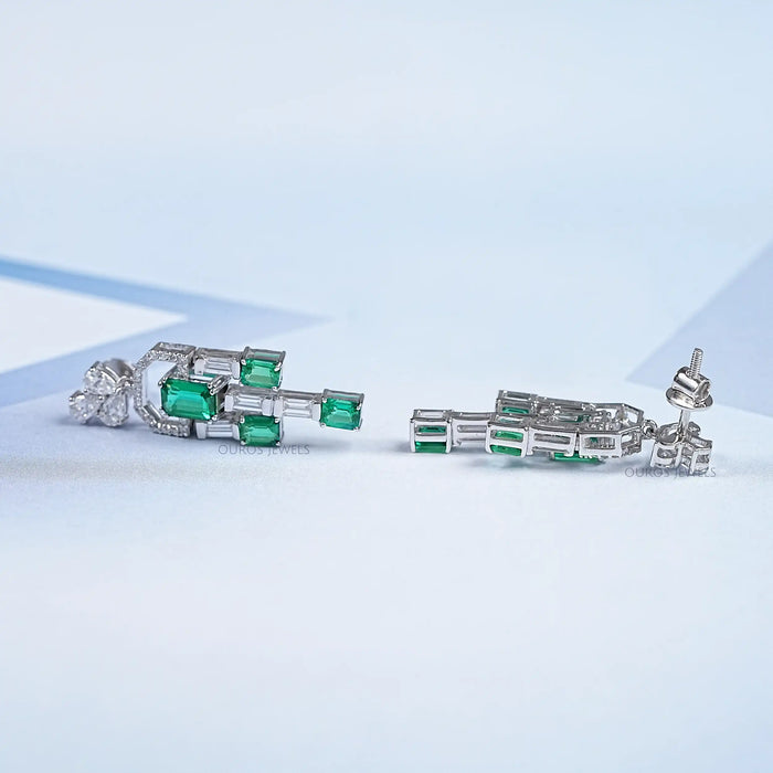 Green Emerald And Diamond Linear Drop Earrings
