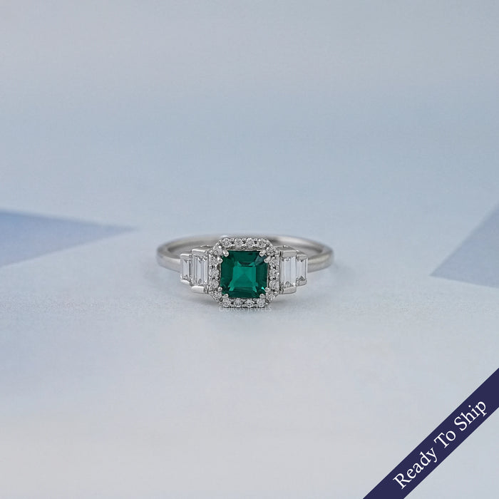 Green Asscher Gemstone Halo Diamond Engagement Ring