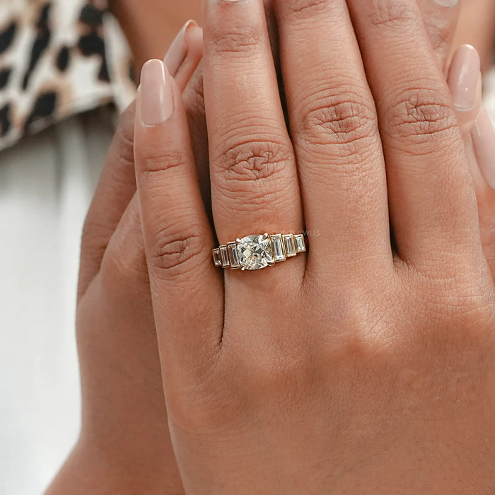 cushion cut ring with accented baguette diamond