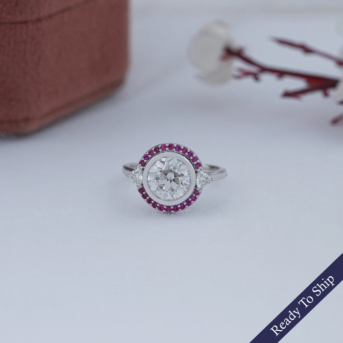 Bezel OEC Round Cut And Pink Sapphire Halo Engagement Ring