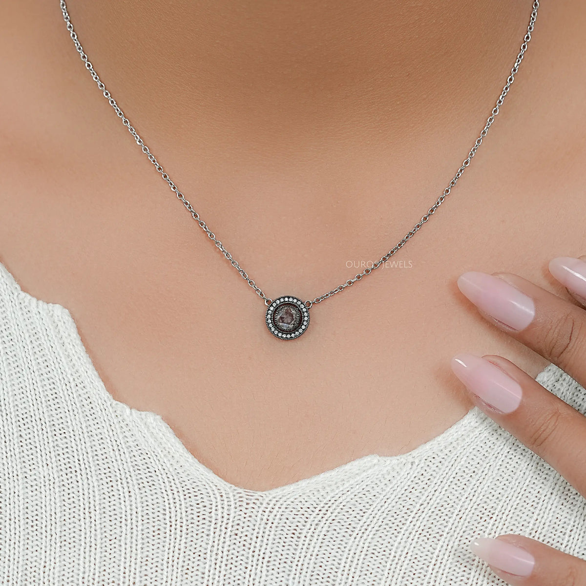 Rose Cut Round Diamond Halo Necklace Necklaces