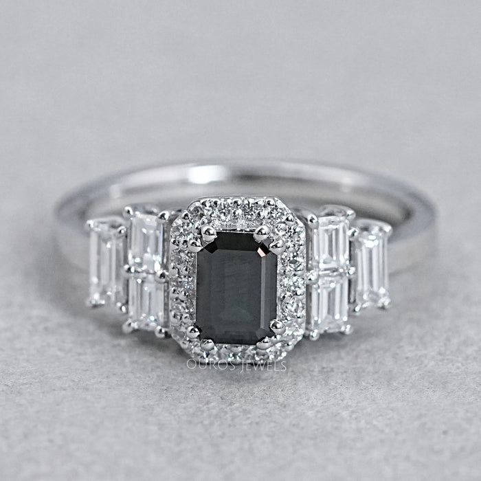 Black Emerald Cut Halo Diamond Engagement Ring