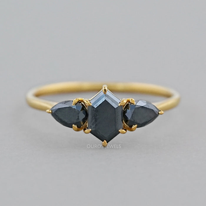 Black Hexagon Diamond Three Stone Engagement Ring