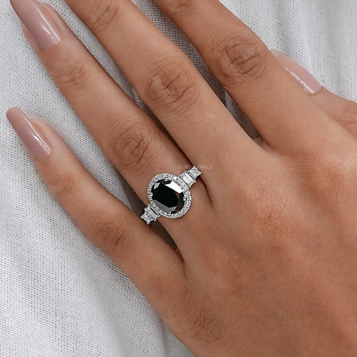 Black Oval Cut Halo Ring with Diamond Accents
