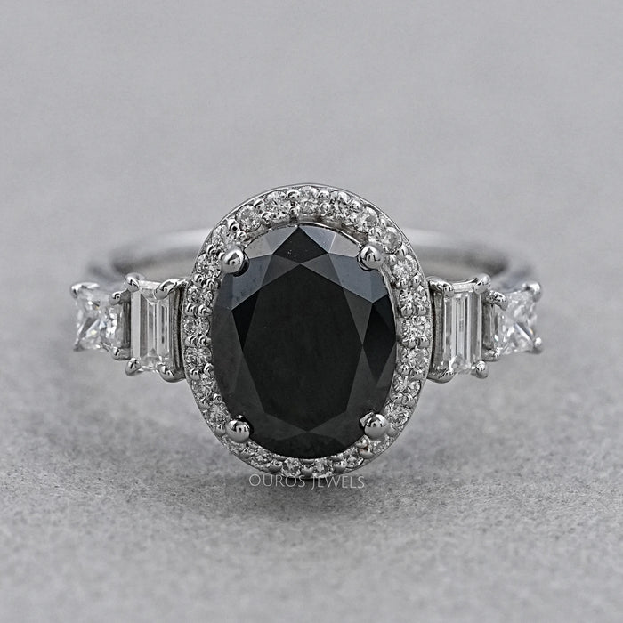 Black Oval Cut Halo Ring with Diamond Accents