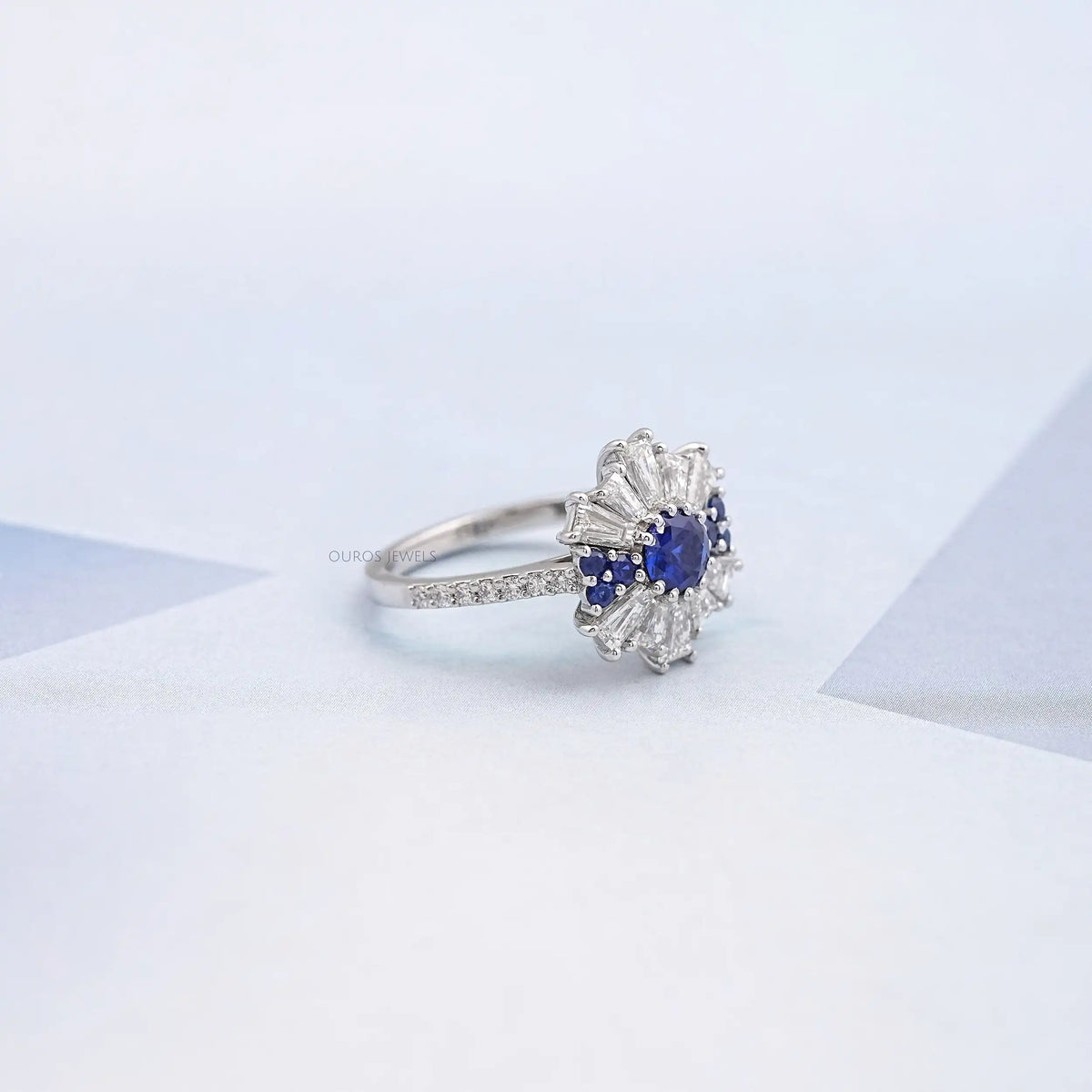 Sapphire Round And Tapered Baguette Diamond Cluster Ring