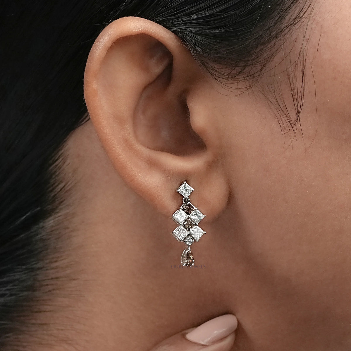 Champagne Princess Cut Lab Diamond Drop Earrings Earrings
