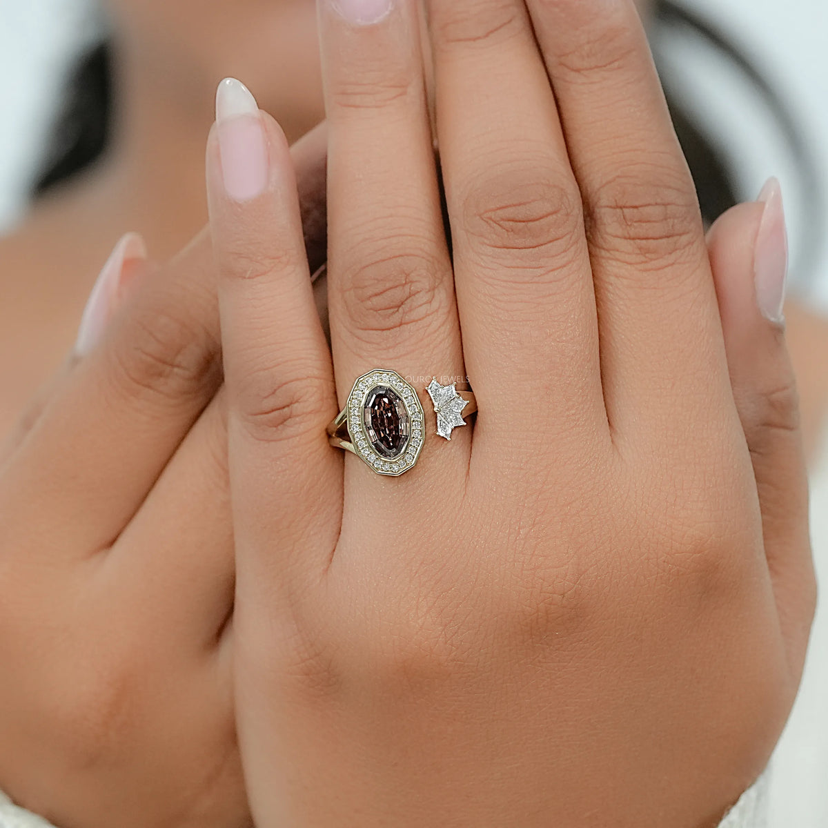 Champagne Step Cut Oval Diamond Halo Open Ring Ring