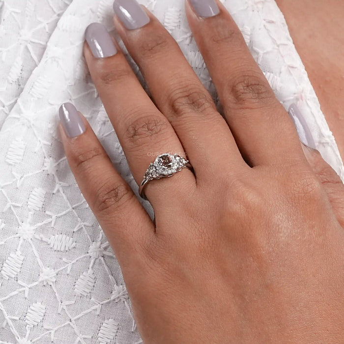 brown cushion cut lab diamond halo wedding ring on model's finger