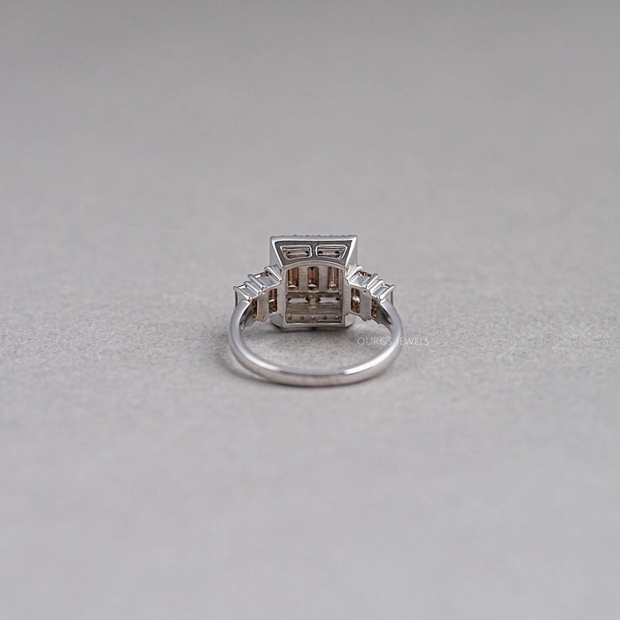 back view of brown baguette diamond cluster square halo engagement ring