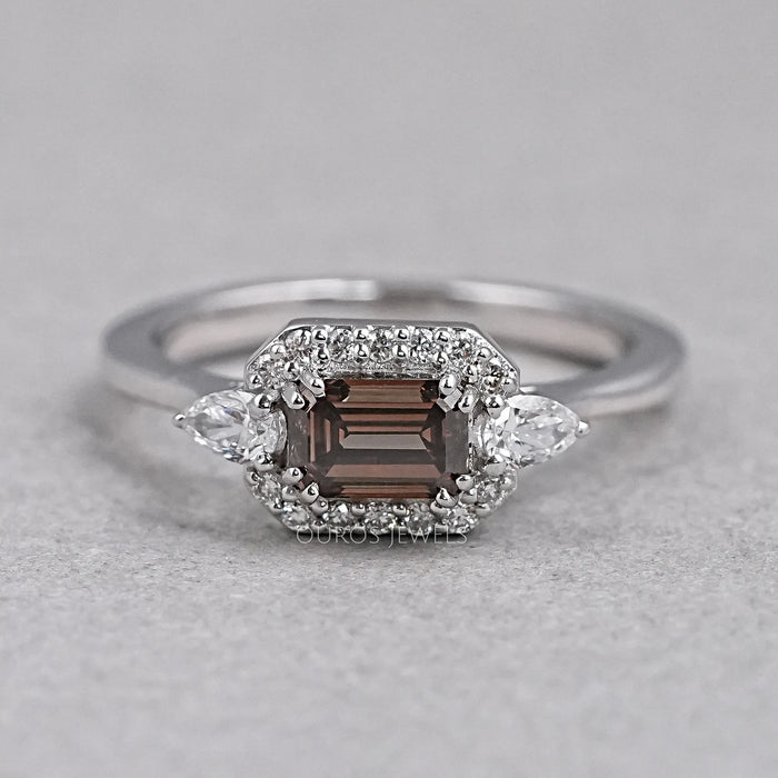 3 Stone Brown Emerald Cut Diamond Ring