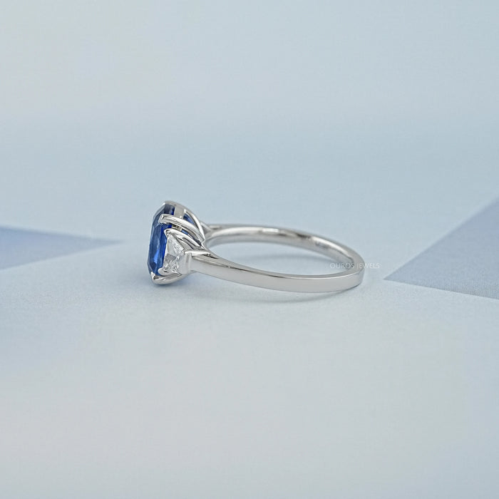 Sapphire Cushion Gemstone With Trapezoid Diamond  Ring