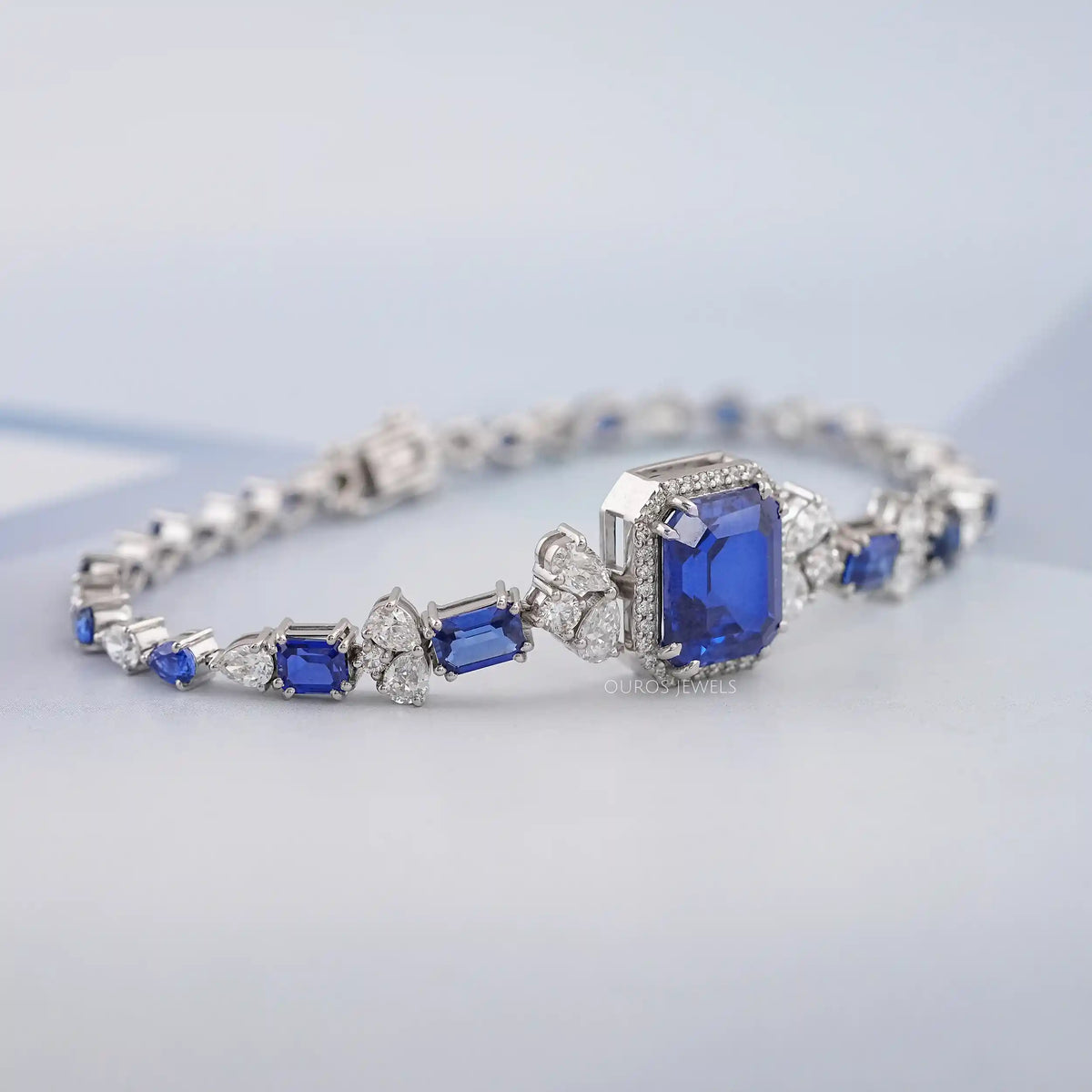 Sapphire Emerald Cut Halo Diamond Bracelet