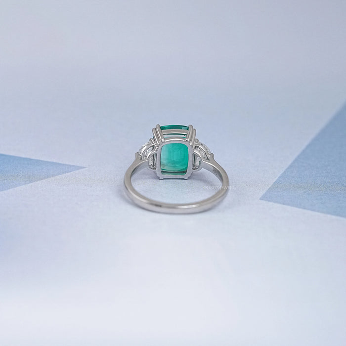 Green Cushion And Half Moon Trio Engagement Ring