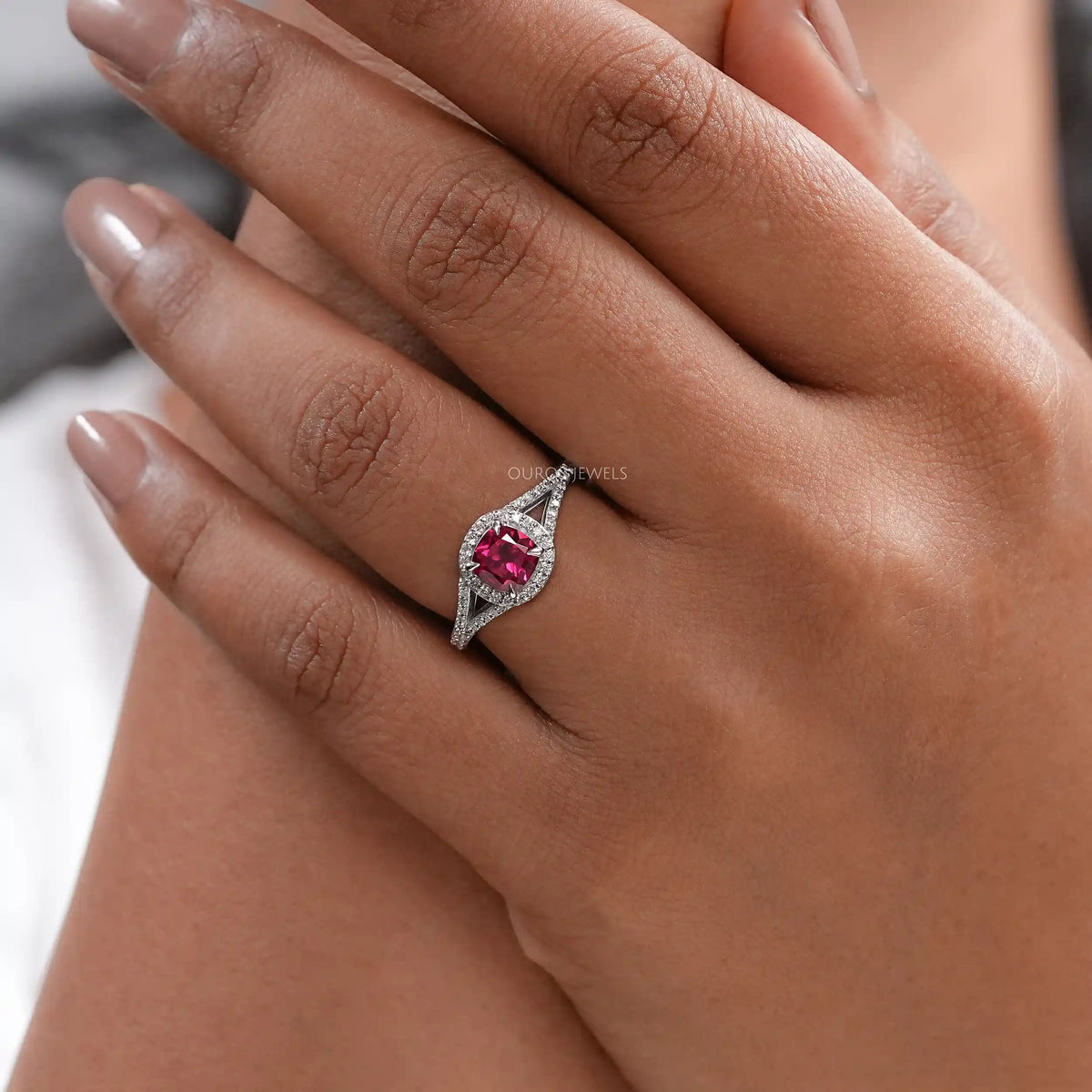Cushion Cut Red Ruby Split Shank Halo Engagement Ring Ring