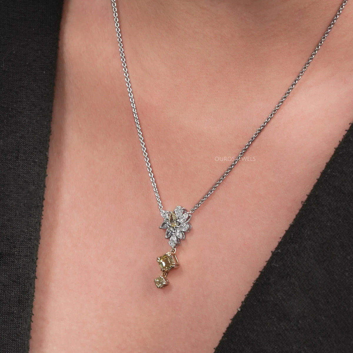 Yellow Asscher And Pear Diamond Cluster Pendant Necklaces