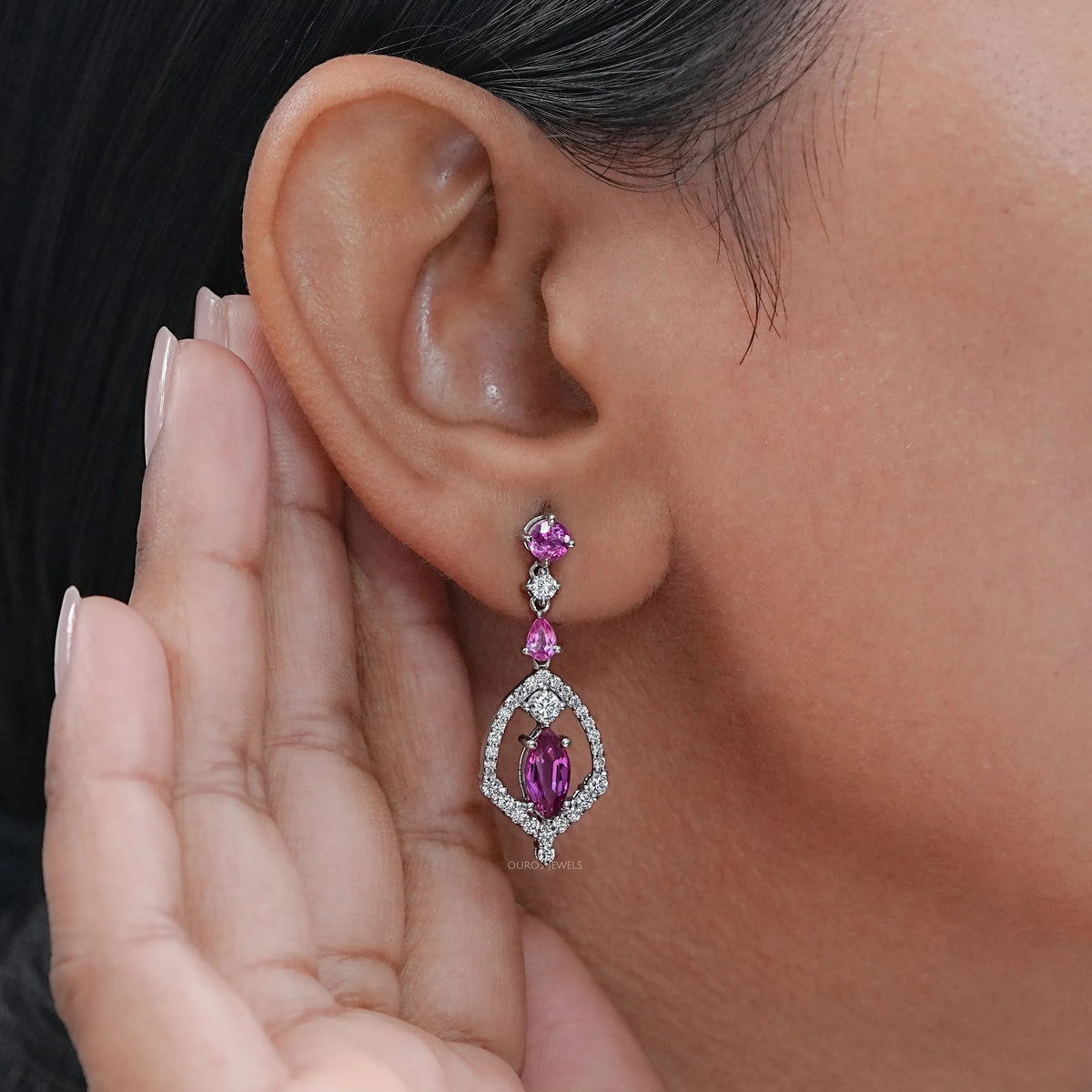 Pink Sapphire Marquise Cut Cluster Diamond Dangle Earrings Earrings