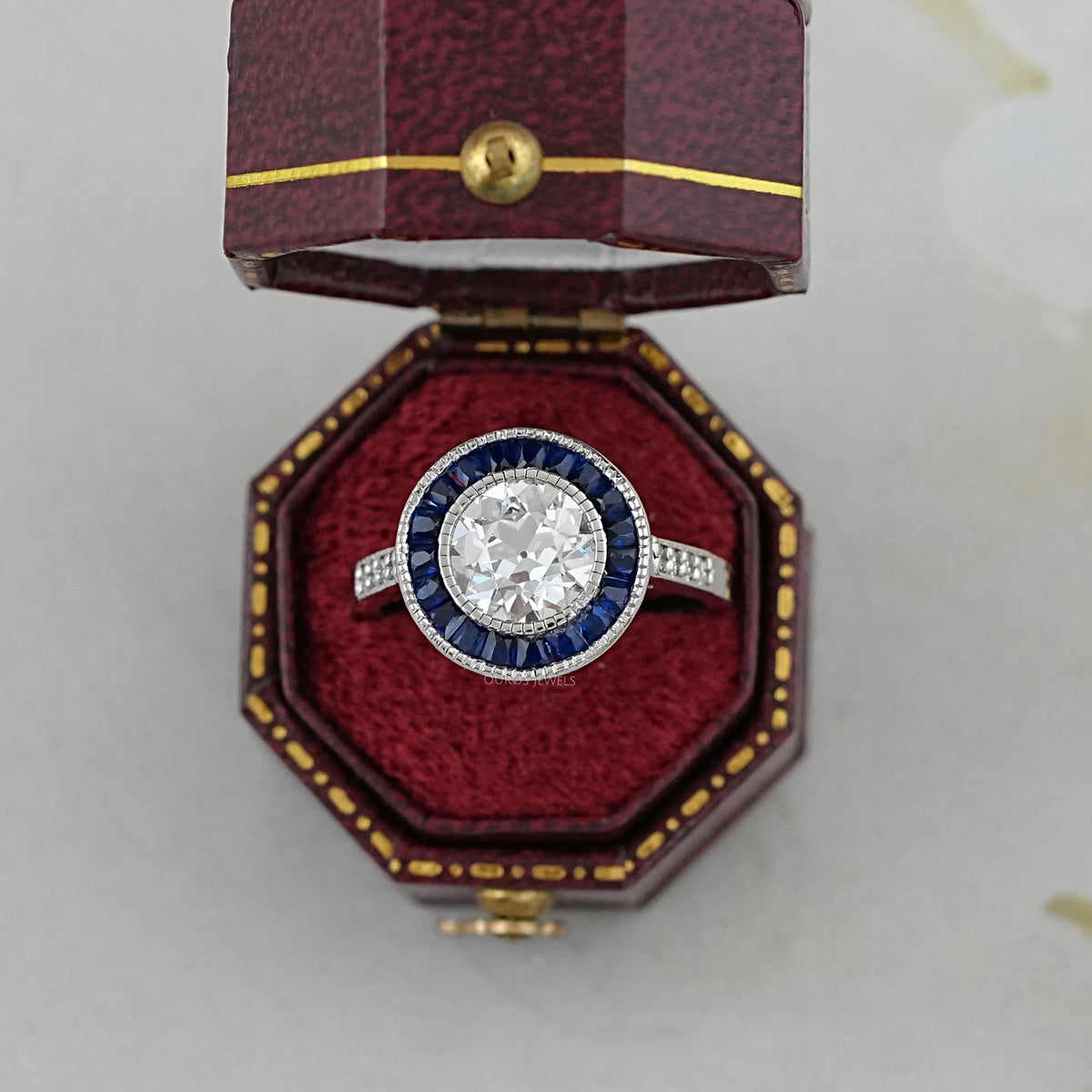 OEC Round Diamond Surround Sapphire Baguette Halo Ring Ring
