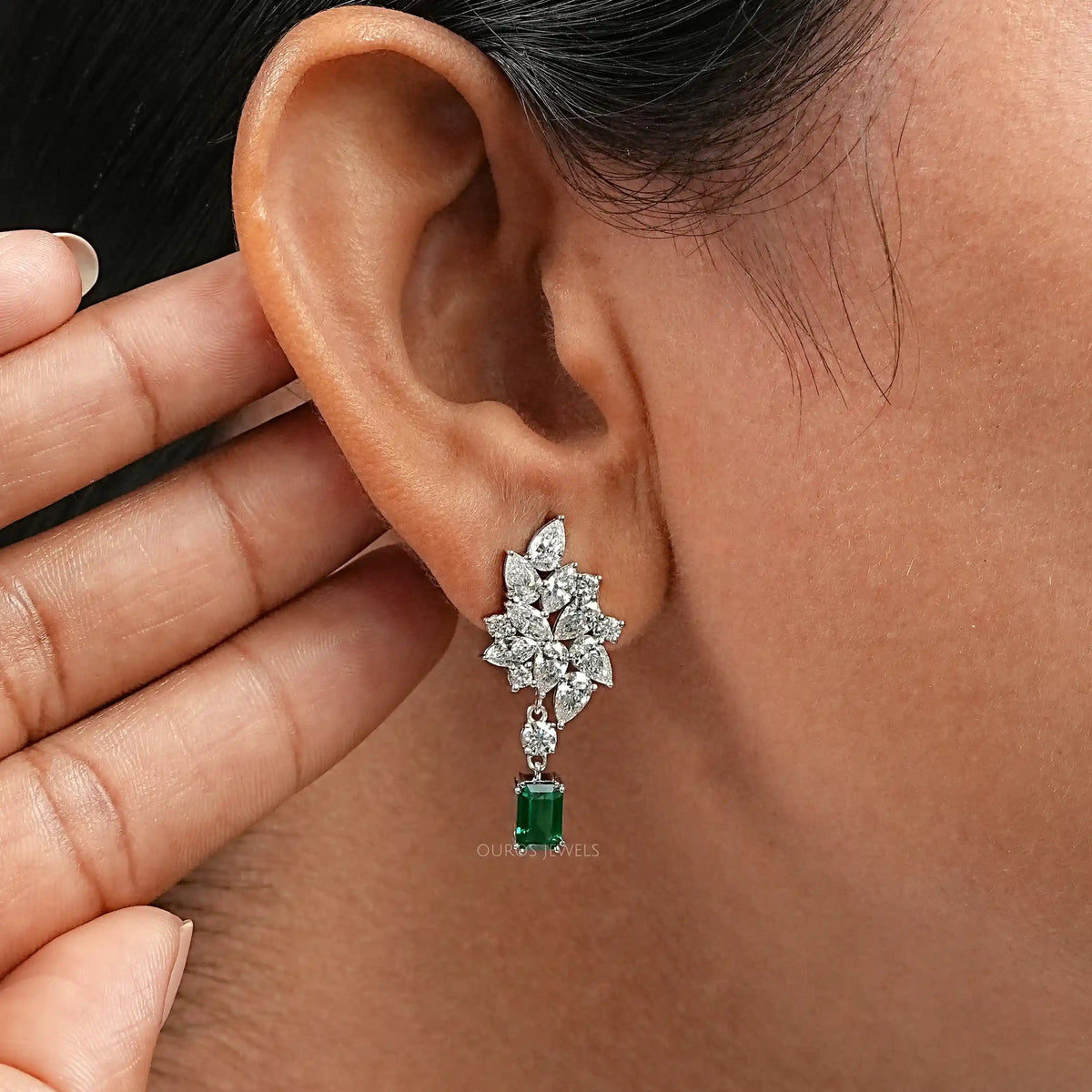 Green Emerald And Lab Diamond Cluster Drop Earrings