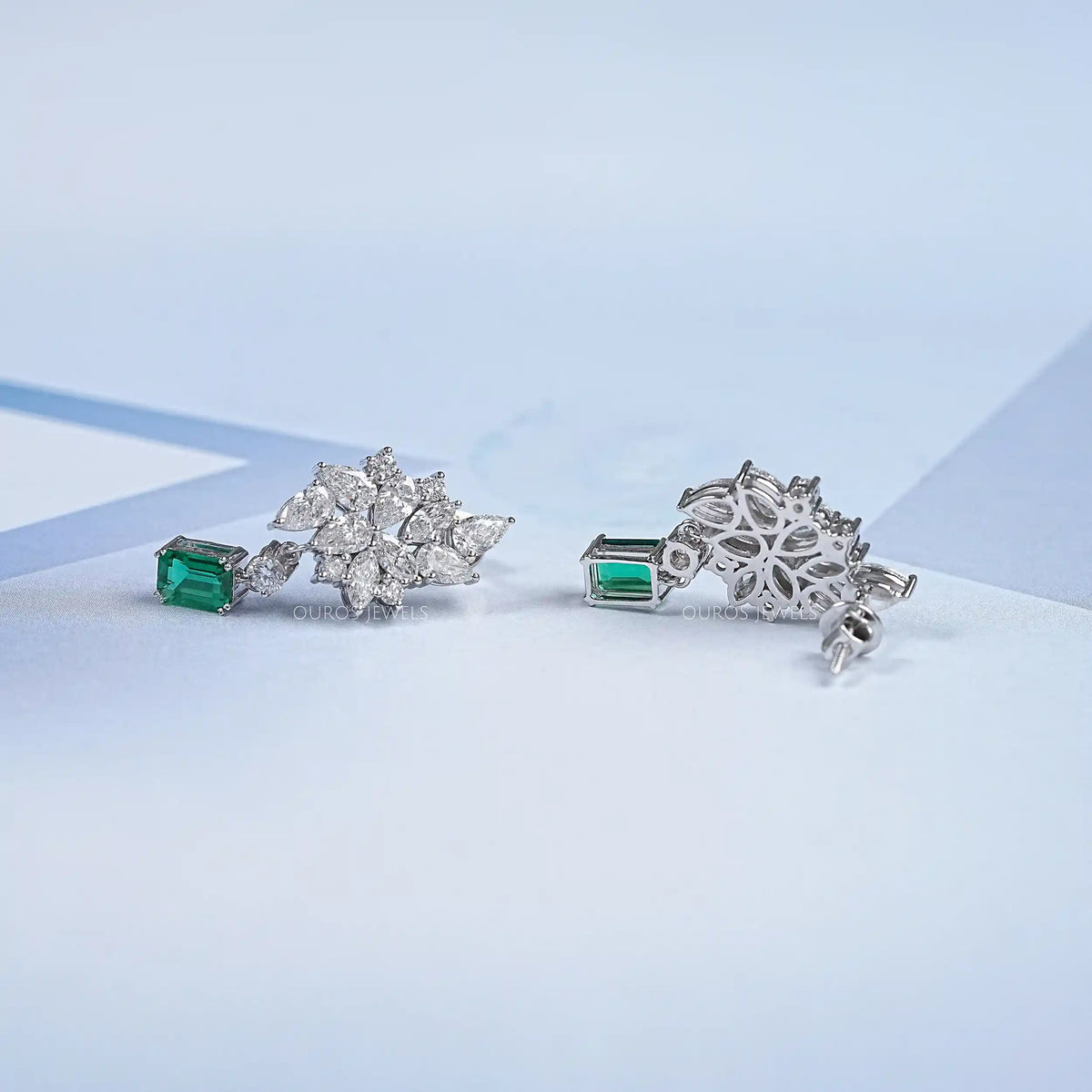 Green Emerald And Lab Diamond Cluster Drop Earrings