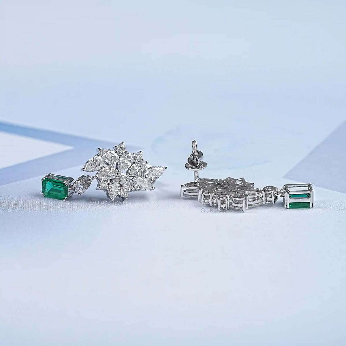 Diamond Cluster Drop Emerald Earrings