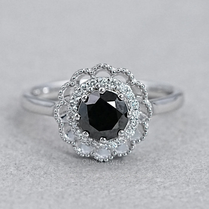 Round Black Diamond Double Halo Engagement Ring