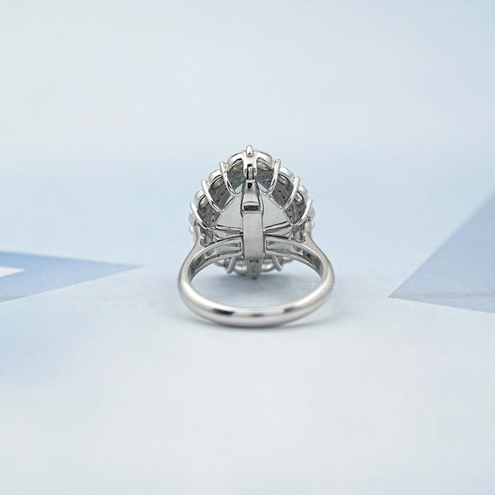 pear gemstone double halo aquamarine engagement ring's back view