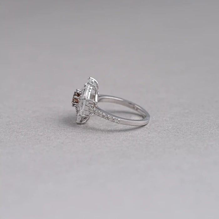 side view of brown octagon lab diamond double halo engagement ring
