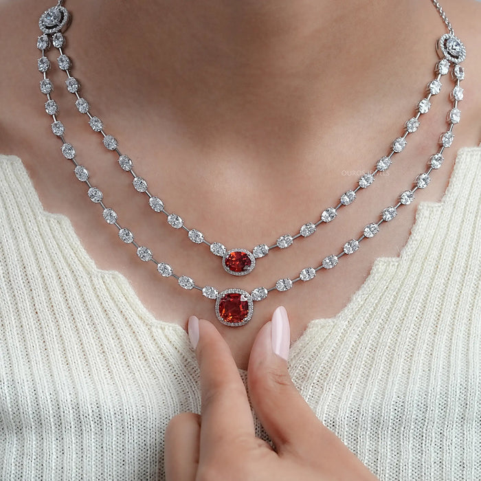Double Layer Ruby Cushion And Oval Halo Tennis Necklace