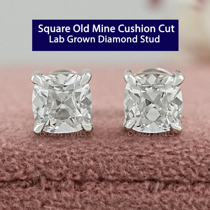 Square Old Mine Cushion Cut Diamond Earrings