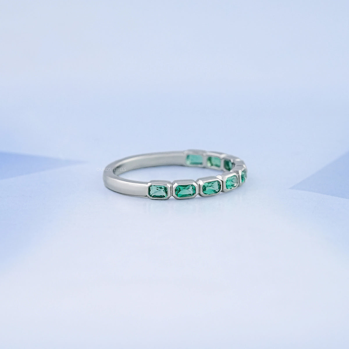 East West Green Radiant Gemstone Half Eternity Band Rings