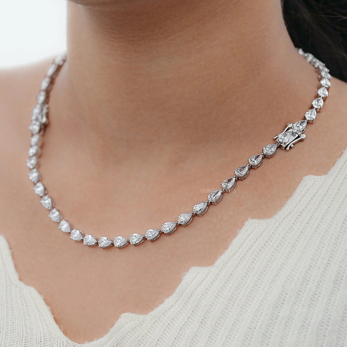 East West Pear Cut Lab Diamond Tennis Necklace Necklaces