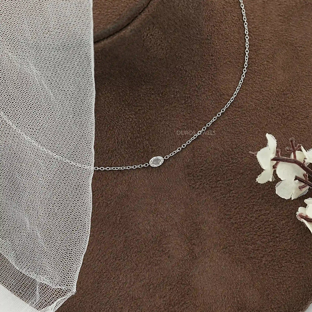 East West Rose Cut Oval Diamond Solitaire Necklace Necklaces