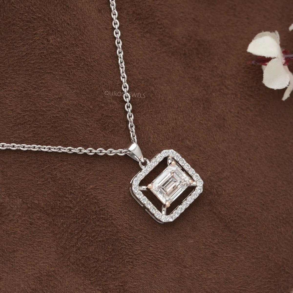 Emerald Cut Lab Grown Diamond Halo Pendant Necklaces