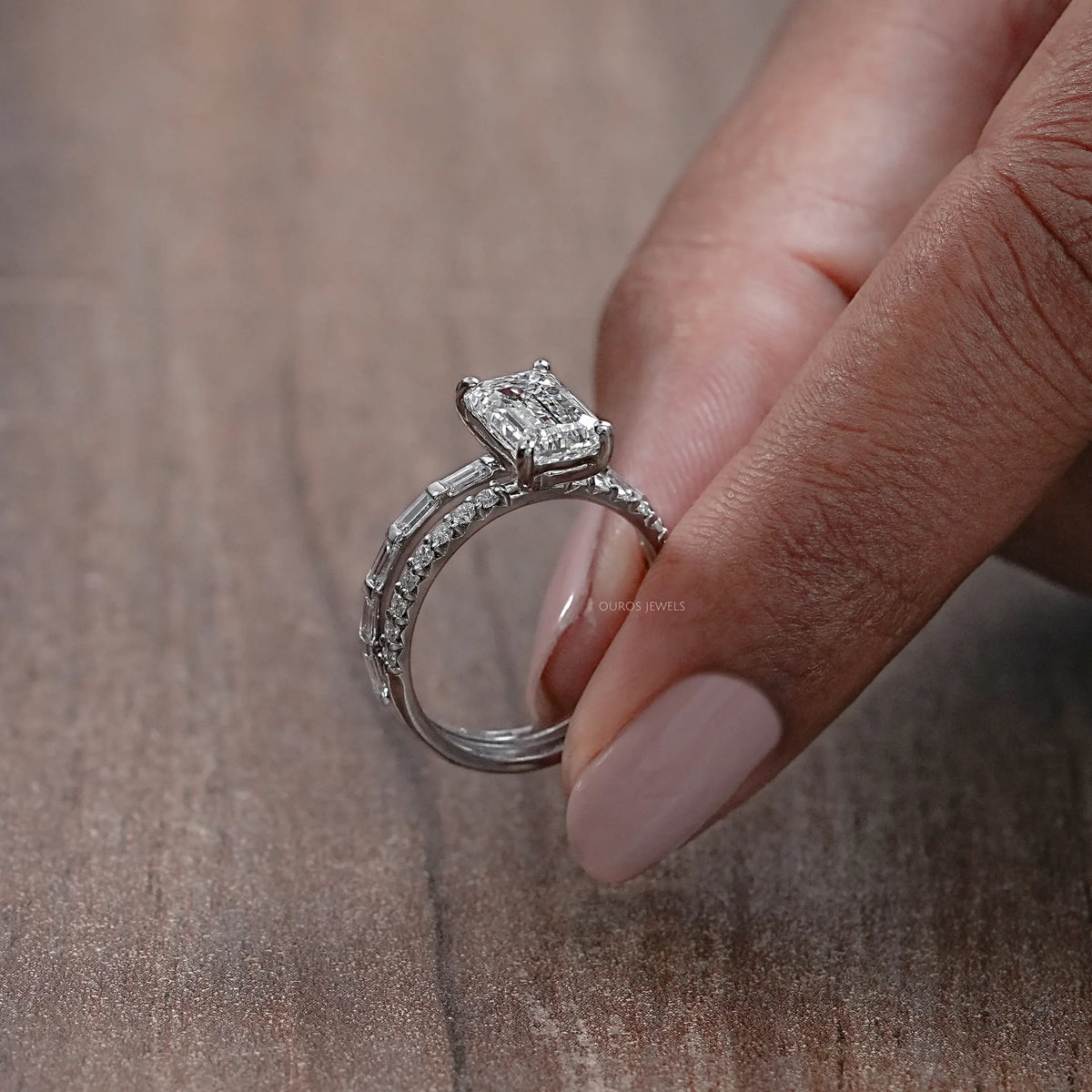 Emerald Lab Diamond Solitaire Accent Wedding Ring Set Rings