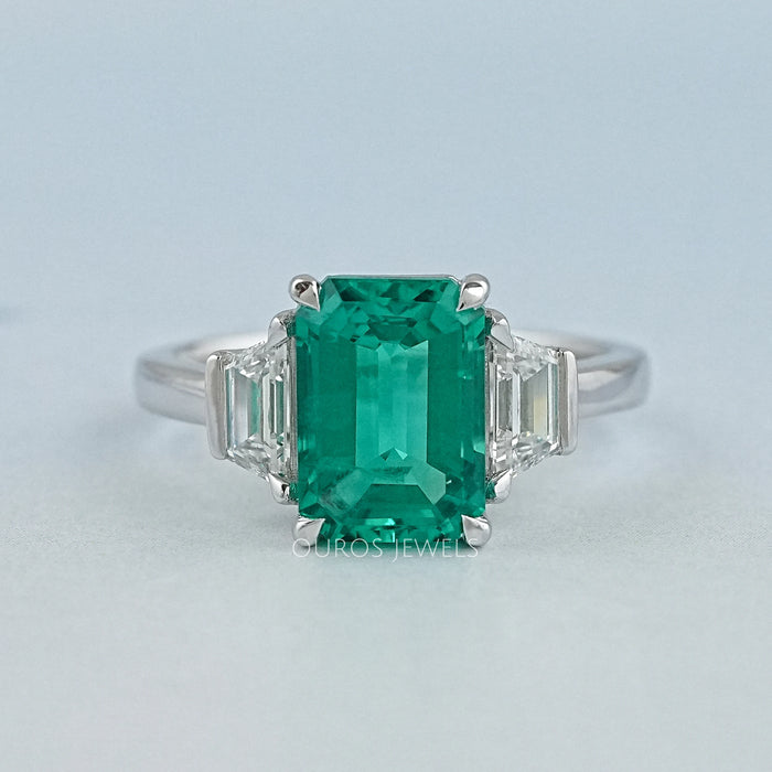 Green Emerald Cut With Trapezoid Diamond Ring